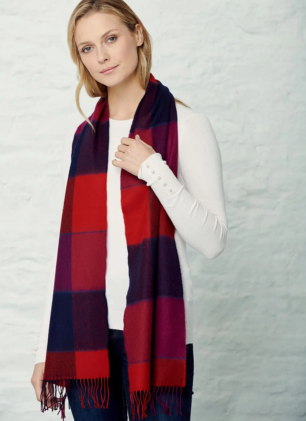 Extra Fine Merino Wool Fringed Check Scarf